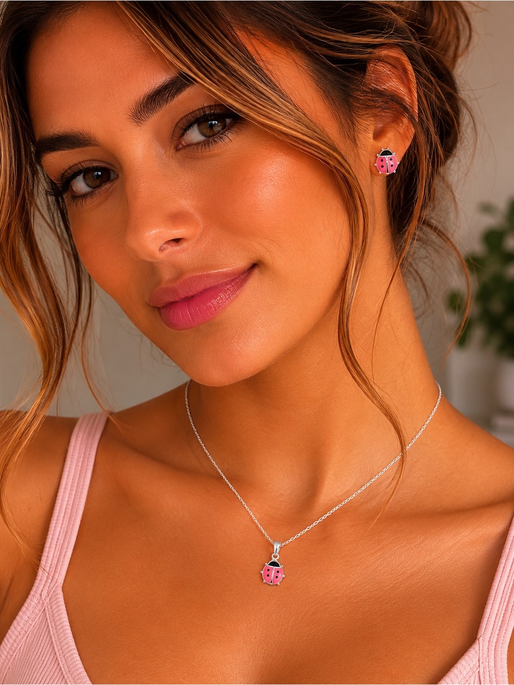 New 3pc set pink lady bug Earrings & Pendant